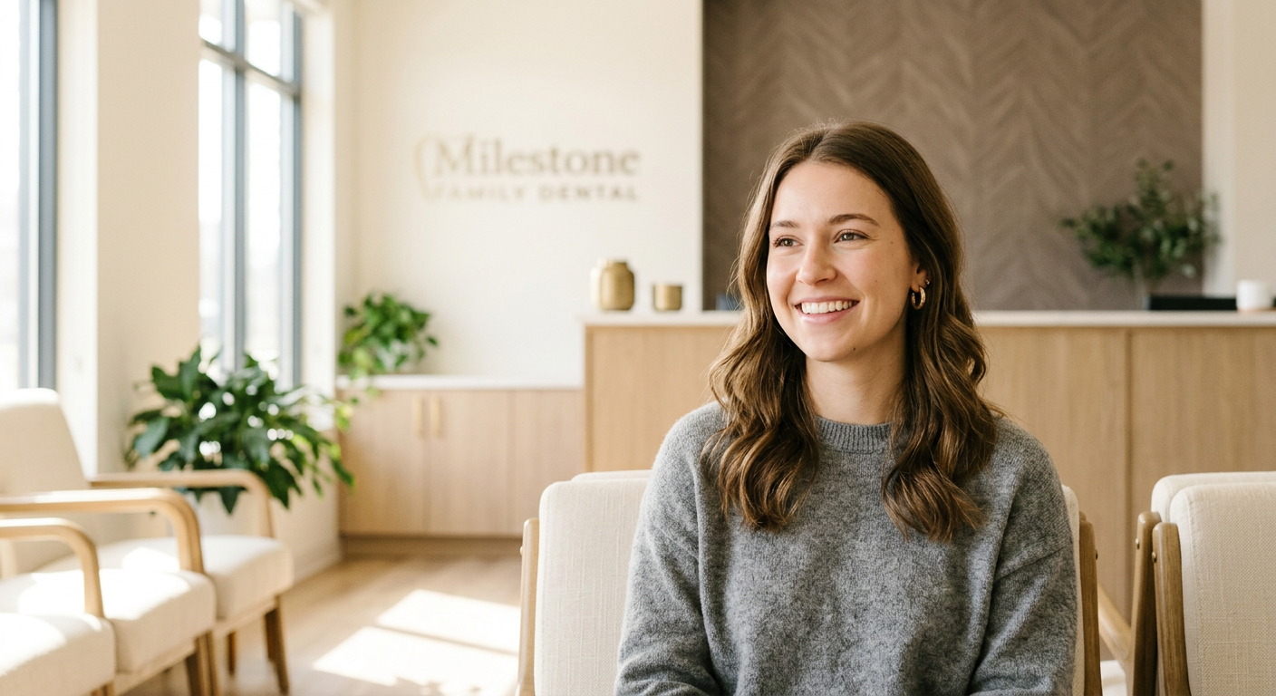 Smiling new patient in the bright, welcoming lobby at Milestone Family Dental