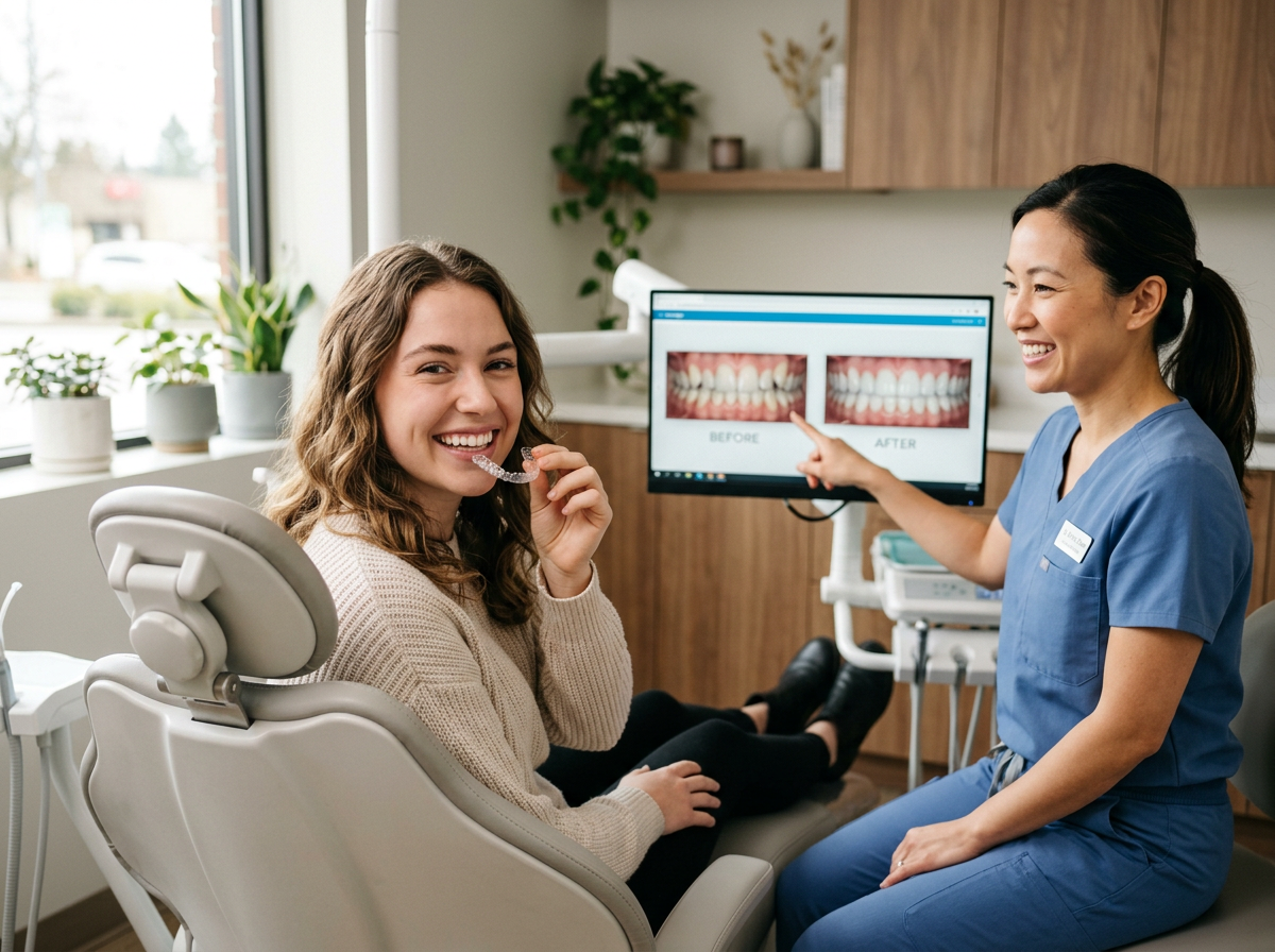 Illustration showing clear aligner treatment process: before and after teeth alignment with Invisalign