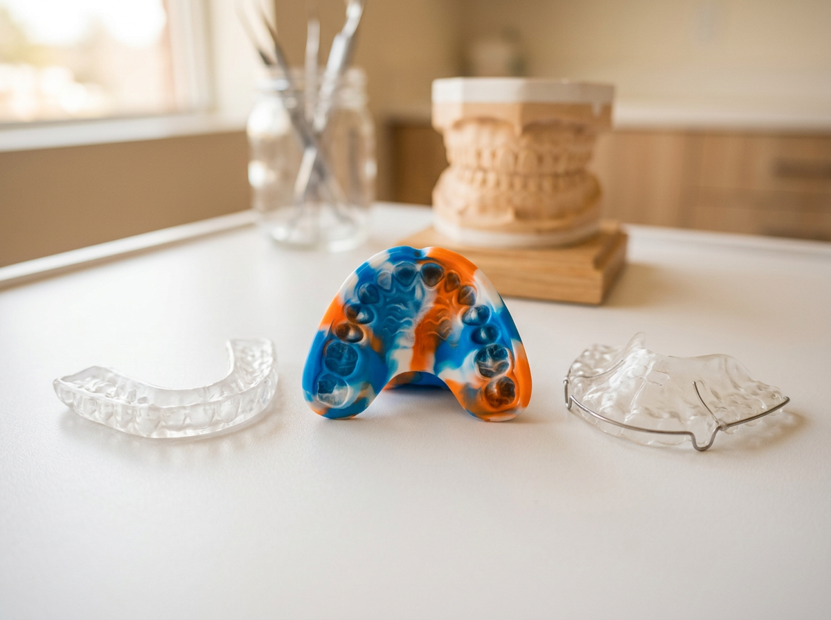 Illustration of custom oral appliances including night guard, sports mouthguard, and retainer