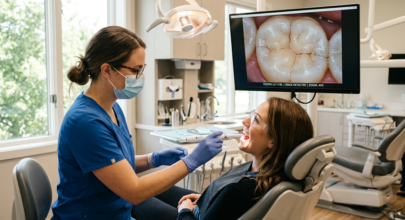 Intraoral camera showing magnified dental images on a chairside monitor